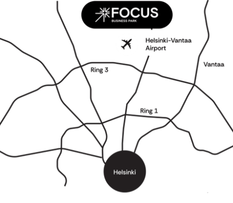 Minimap of location of Focus Business Park to main roads and Helsinki.